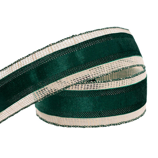Ribbon Velvet Wire Edge Stripe Green & White (60mmx10m)