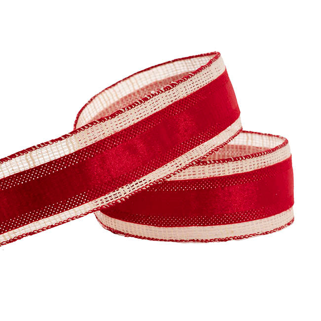 Ribbon Velvet Wire Edge Stripe Red & White (60mmx10m)