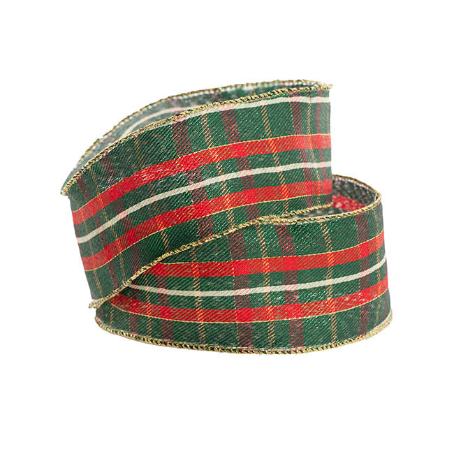 Ribbon Linen Wire Edge Tartan Plaid Red Green (60mmx20m)
