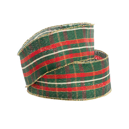 Ribbon Linen Wire Edge Tartan Plaid Red Green (60mmx20m)