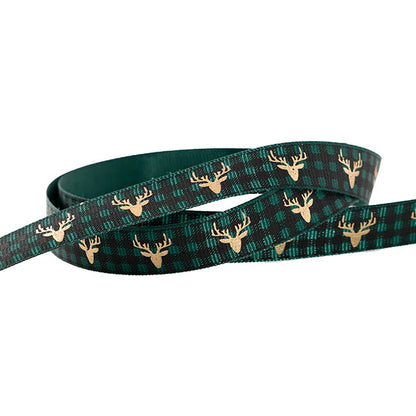 Ribbon Grosgrain Gingham Tartan Deer Gold Green (15mmx20m)