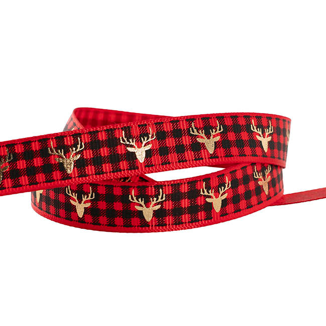 Ribbon Grosgrain Gingham Tartan Deer Gold Red (15mmx20m)