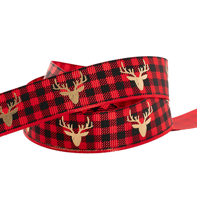 Ribbon Grosgrain Gingham Tartan Deer Gold Red (25mmx20m)