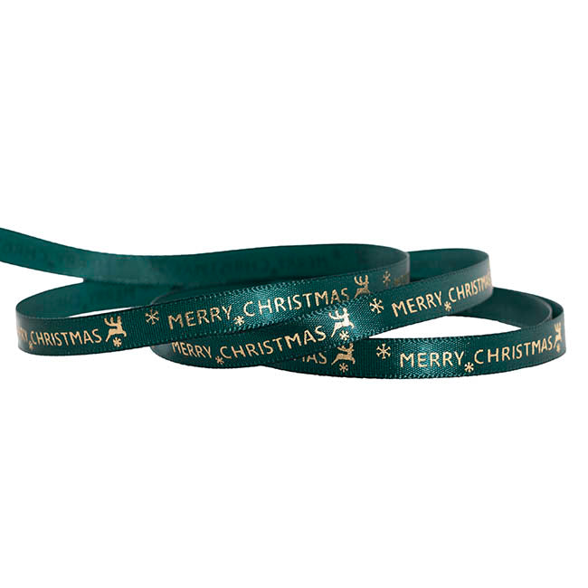 Ribbon Satin Merry Christmas Deer Gold Foil Green (10mmx20m)