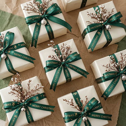 Ribbon Satin Merry Christmas Deer Gold Foil Green (10mmx20m)