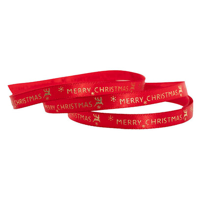 Ribbon Satin Merry Christmas & Deer Gold Foil Red (10mmx20m)
