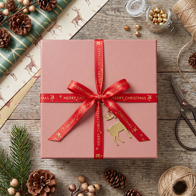 Ribbon Satin Merry Christmas & Deer Gold Foil Red (10mmx20m)