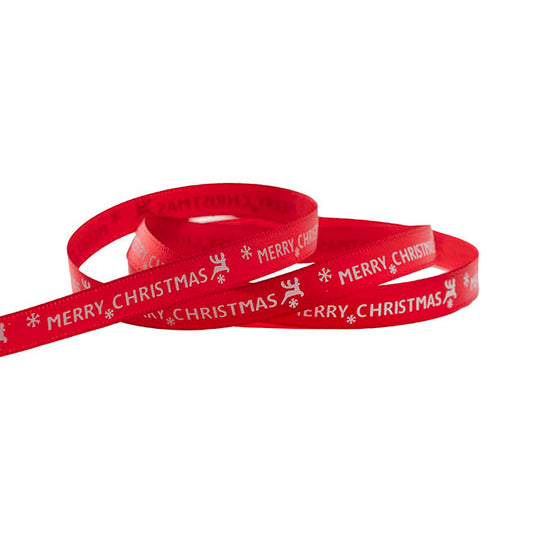 Ribbon Satin Merry Christmas & Deer White Red (10mmx20m)