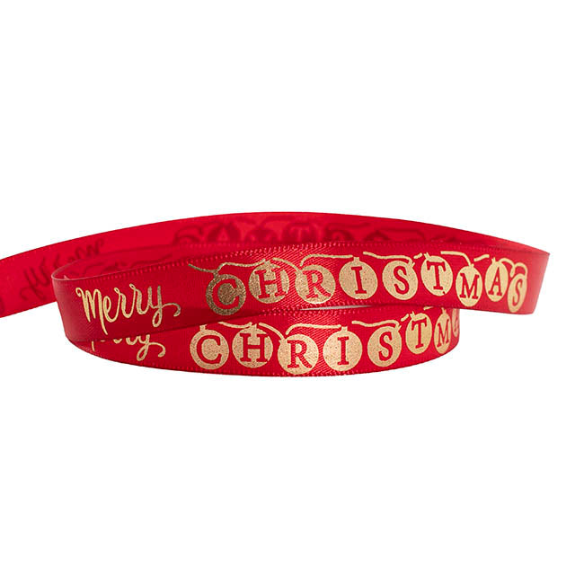 Ribbon Satin Merry Xmas Baubles Gold Burgundy (15mmx20m)