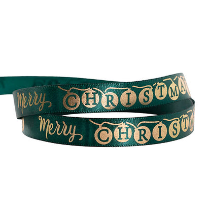 Ribbon Satin Merry Xmas Baubles Gold Green (15mmx20m)