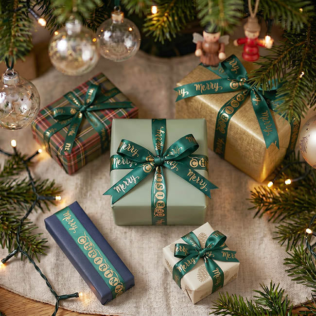 Ribbon Satin Merry Xmas Baubles Gold Green (15mmx20m)