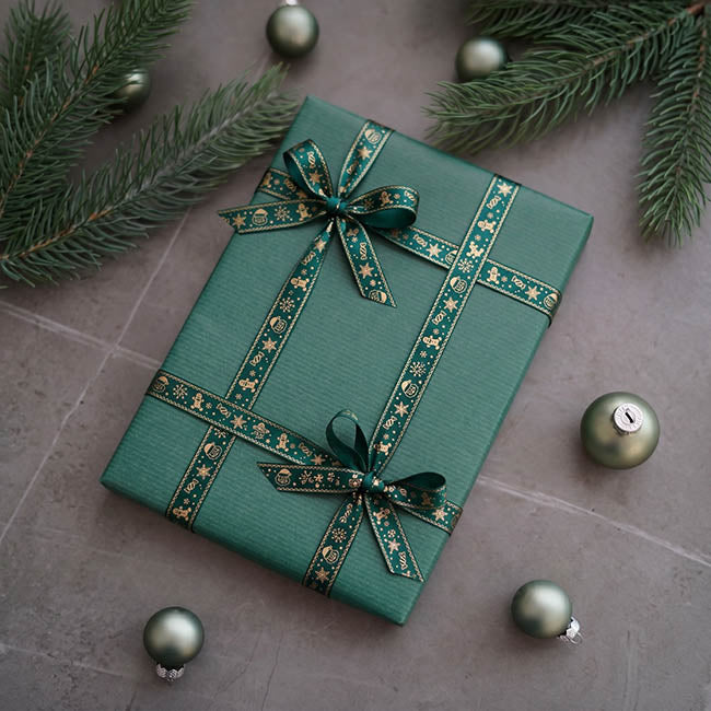 Ribbon Satin Christmas Motif Gold Foil Green (15mmx20m)