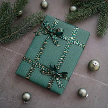 Ribbon Satin Christmas Motif Gold Foil Green (15mmx20m)