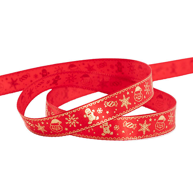 Ribbon Satin Christmas Motif Gold Foil Red (15mmx20m)