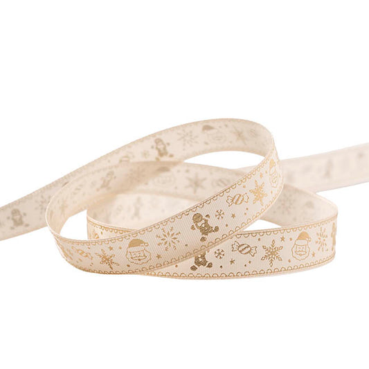Ribbon Satin Christmas Motif Gold Foil Cream (15mmx20m)