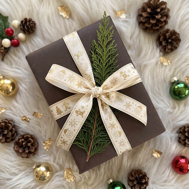 Ribbon Satin Christmas Motif Gold Foil Cream (15mmx20m)