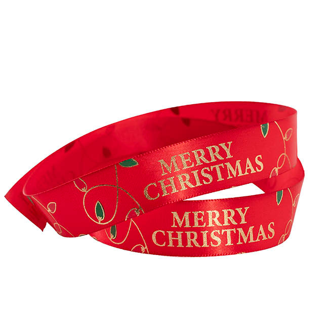 Ribbon Satin Merry Christmas & Lights Red (20mmx20m)