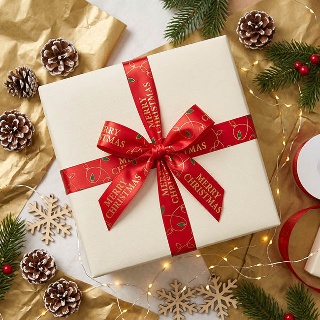 Ribbon Satin Merry Christmas & Lights Red (20mmx20m)