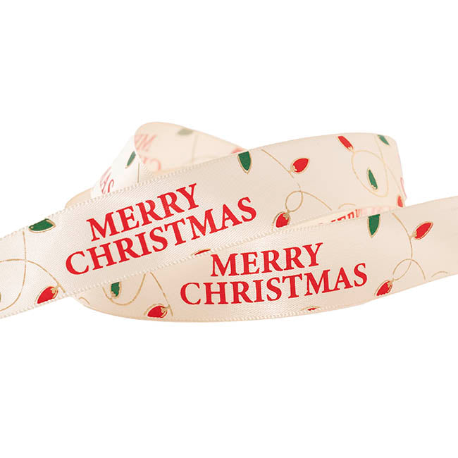 Ribbon Satin Merry Christmas & Lights Ivory (20mmx20m)