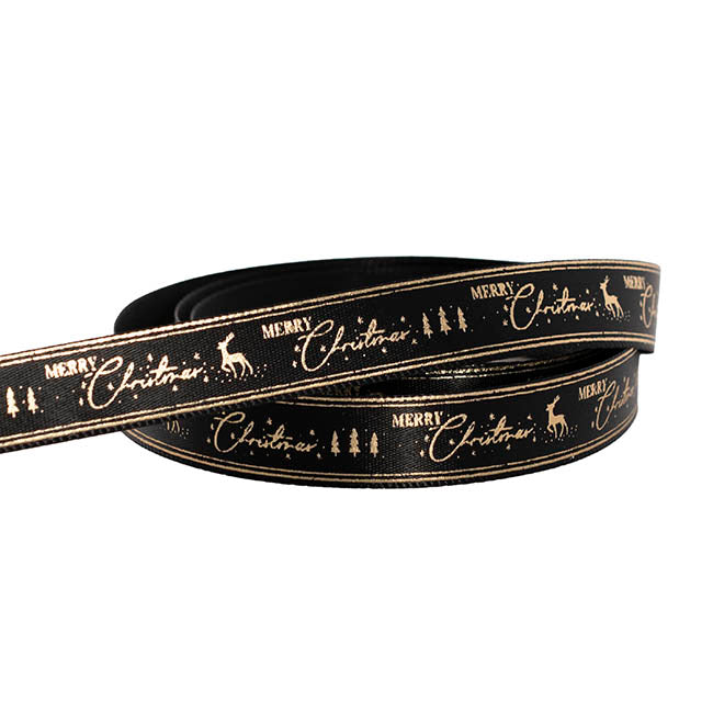Ribbon Satin Merry Christmas Gold Elegance Black (15mmx20m)