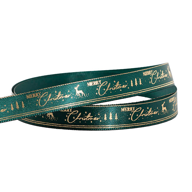Ribbon Satin Merry Christmas Gold Elegance Green (15mmx20m)