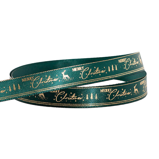 Ribbon Satin Merry Christmas Gold Elegance Green (15mmx20m)