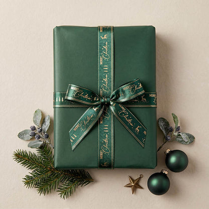 Ribbon Satin Merry Christmas Gold Elegance Green (15mmx20m)