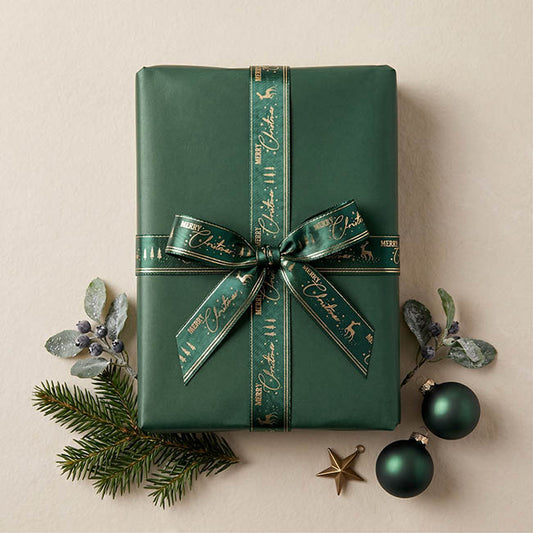 Ribbon Satin Merry Christmas Gold Elegance Green (15mmx20m)