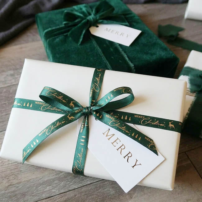 Ribbon Satin Merry Christmas Gold Elegance Green (15mmx20m)