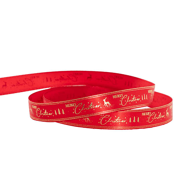 Ribbon Satin Merry Christmas Gold Elegance Red (15mmx20m)