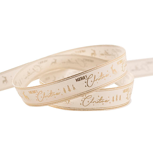 Ribbon Satin Merry Christmas Gold Elegance Cream (15mmx20m)