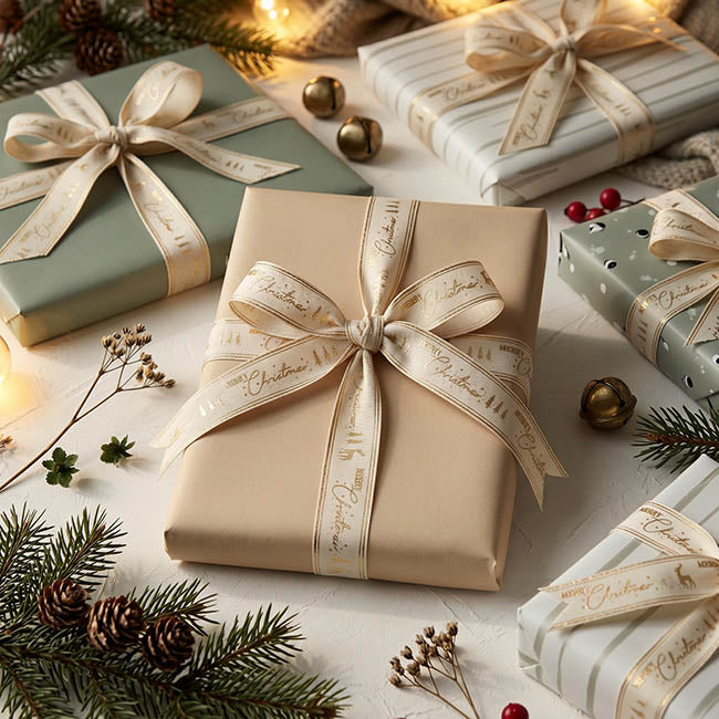 Ribbon Satin Merry Christmas Gold Elegance Cream (15mmx20m)
