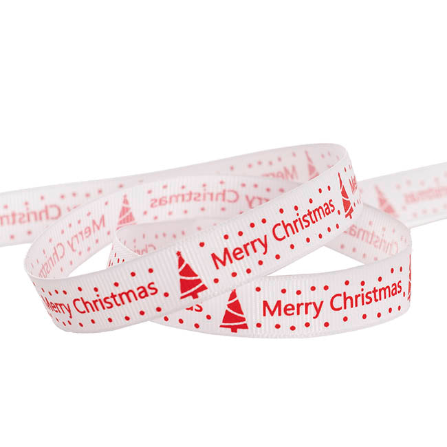 Ribbon Grosgrain Merry Christmas & Tree White (15mmx20m)