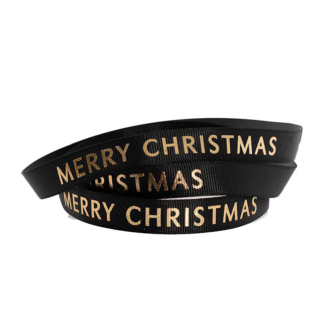 Ribbon Grosgrain Merry Christmas Gold Foil Black (15mmx20m)