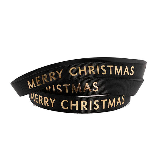 Ribbon Grosgrain Merry Christmas Gold Foil Black (15mmx20m)