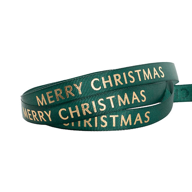 Ribbon Grosgrain Merry Christmas Gold Foil Green (15mmx20m)