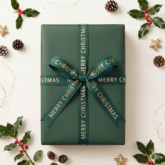 Ribbon Grosgrain Merry Christmas Gold Foil Green (15mmx20m)