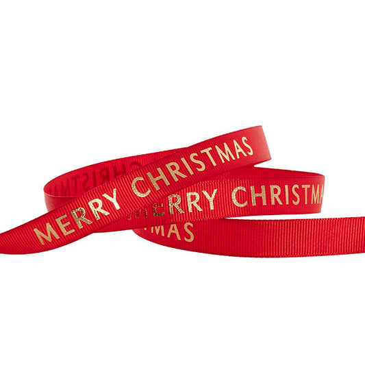 Ribbon Grosgrain Merry Christmas Gold Foil Red (15mmx20m)