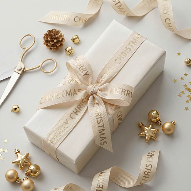 Ribbon Grosgrain Merry Christmas Gold Foil Cream (15mmx20m)