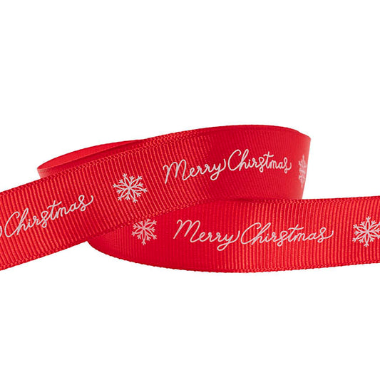 Ribbon Grosgrain Merry Christmas Snowflake Red (25mmx20m)