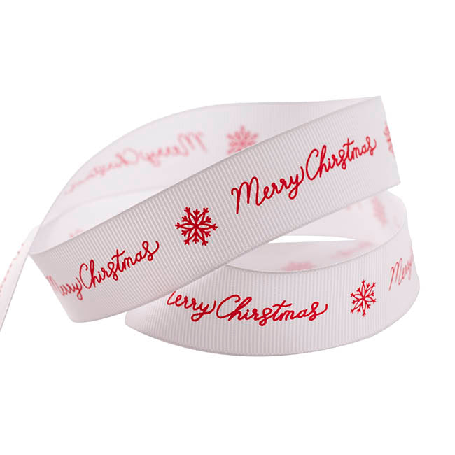 Ribbon Grosgrain Merry Christmas Snowflake White (25mmx20m)