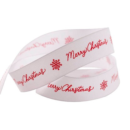 Ribbon Grosgrain Merry Christmas Snowflake White (25mmx20m)