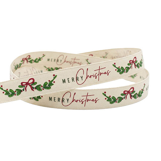 Ribbon Cotton Merry Christmas Garland White (20mmx20m)