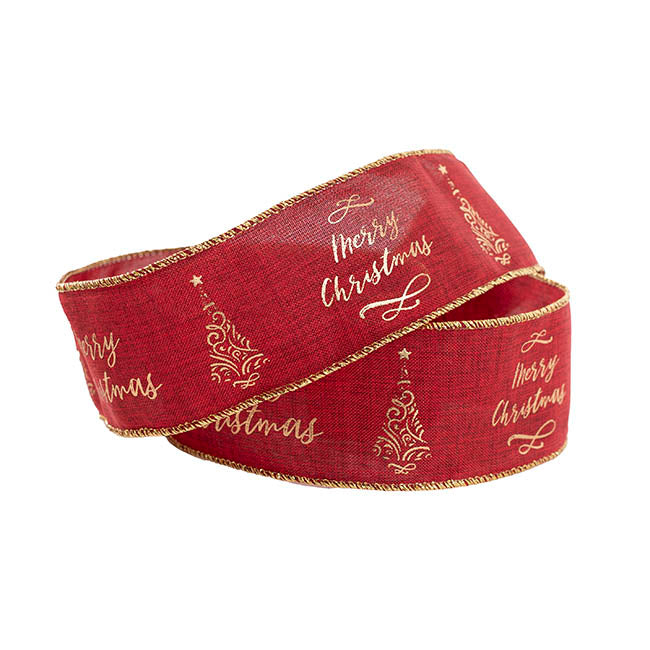 Ribbon Linen Wire Edge Merry Xmas Gold Burgundy (60mmx20m)