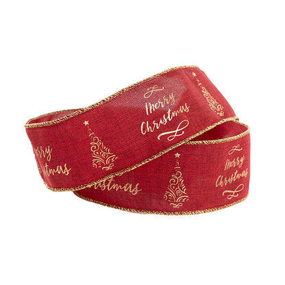 Ribbon Linen Wire Edge Merry Xmas Gold Burgundy (60mmx20m)