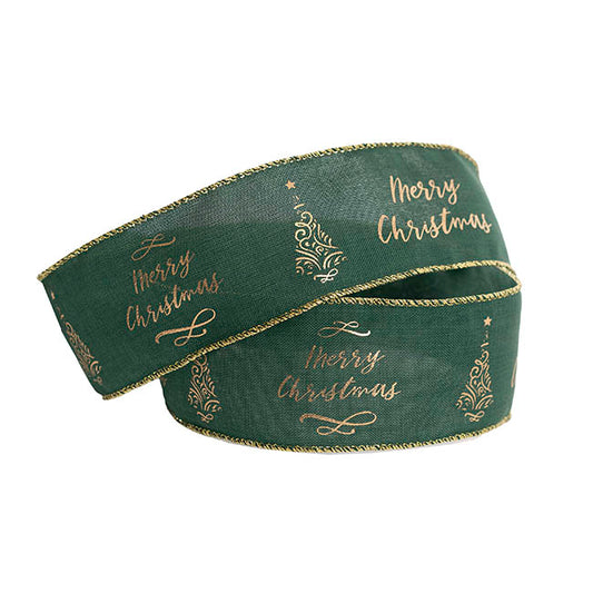 Ribbon Linen Wire Edge Merry Christmas Gold Green (60mmx20m)