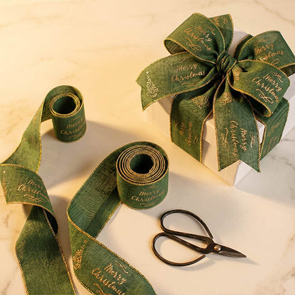 Ribbon Linen Wire Edge Merry Christmas Gold Green (60mmx20m)