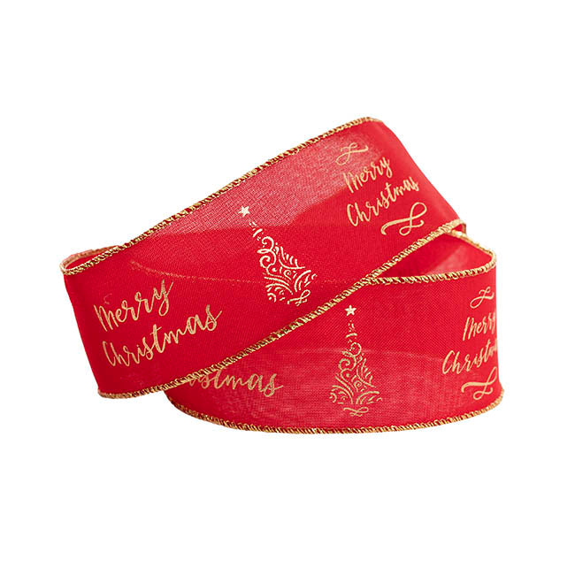Ribbon Linen Wire Edge Merry Christmas Gold Red (60mmx20m)