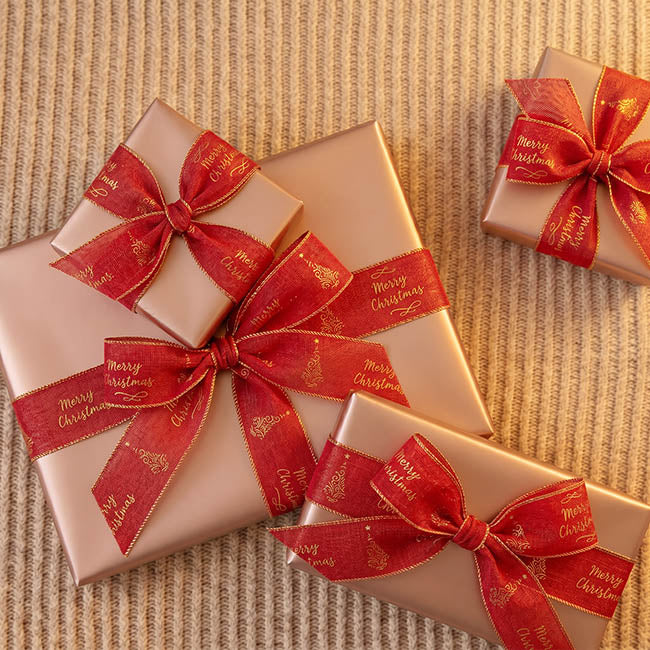 Ribbon Linen Wire Edge Merry Christmas Gold Red (60mmx20m)