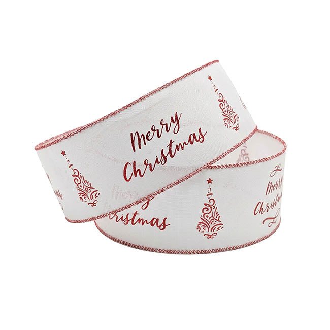 Ribbon Linen Wire Edge Merry Christmas Red White (60mmx20m)
